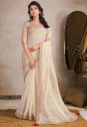 Woven Organza Silk Saree in Light Beige
