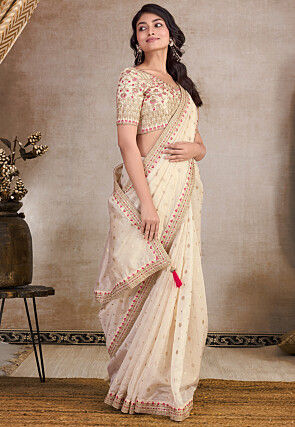 Woven Organza Silk Saree in Light Beige