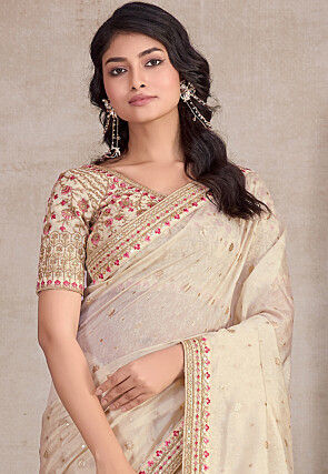 Woven Organza Silk Saree in Light Beige