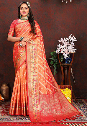 Woven Organza Silk Saree in Orange