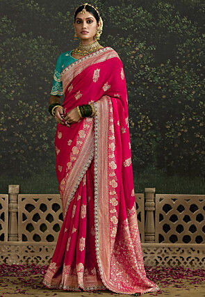 Woven Organza Silk Scalloped Saree in Red