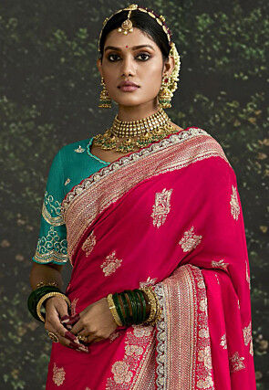 Woven Organza Silk Scalloped Saree in Red