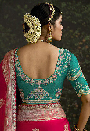 Woven Organza Silk Scalloped Saree in Red