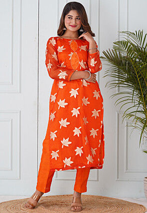 Woven Organza Straight Kurta Set in Orange