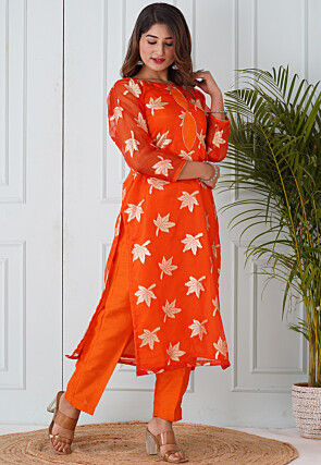 Woven Organza Straight Kurta Set in Orange