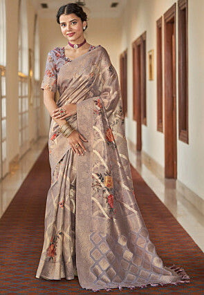 Floral Printed Zari Organza Saree– Inddus.in