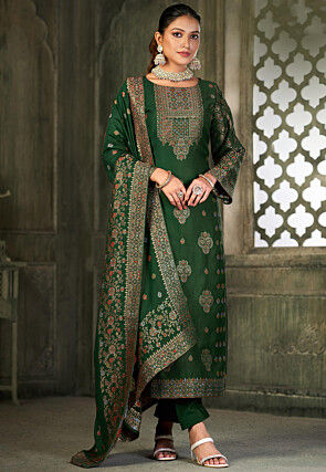 Woven Pashmina Silk Jacquard Pakistani Suit in Dark Green