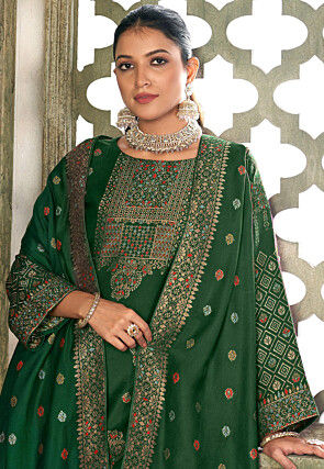 Woven Pashmina Silk Jacquard Pakistani Suit in Dark Green
