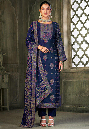 Woven Pashmina Silk Jacquard Pakistani Suit in Navy Blue