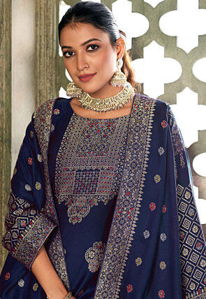 Woven Pashmina Silk Jacquard Pakistani Suit in Navy Blue
