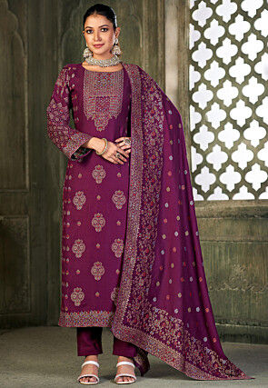 Woven Pashmina Silk Jacquard Pakistani Suit in Purple