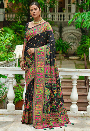 Woven Pashmina Silk Saree in Black