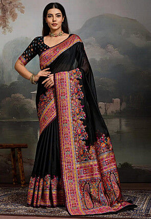 Woven Pashmina Silk Saree in Black