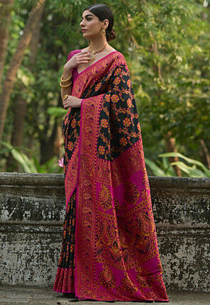 Woven Pashmina Silk Saree in Black