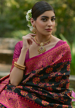 Woven Pashmina Silk Saree in Black
