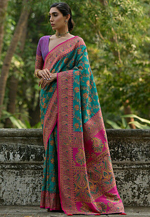 Woven Pashmina Silk Saree in Blue