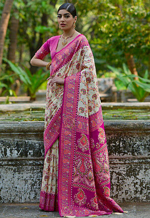 Woven Pashmina Silk Saree in Cream