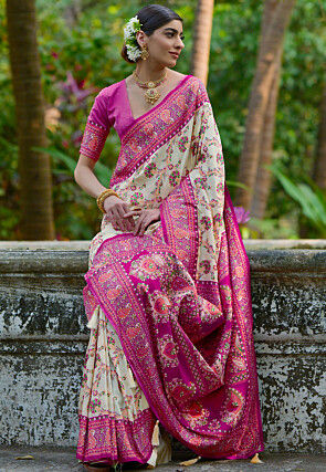 Woven Pashmina Silk Saree in Cream