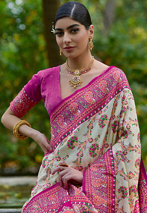 Woven Pashmina Silk Saree in Cream