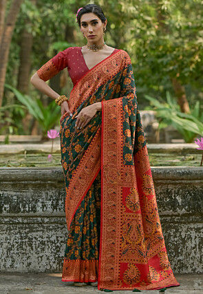 Woven Pashmina Silk Saree in Dark Green