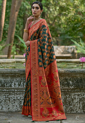 Woven Pashmina Silk Saree in Dark Green