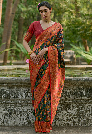Woven Pashmina Silk Saree in Dark Green