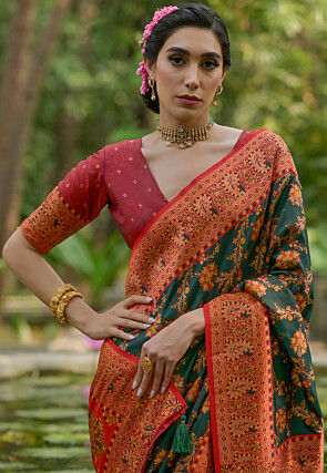 Woven Pashmina Silk Saree in Dark Green