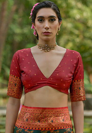 Woven Pashmina Silk Saree in Dark Green