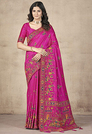 Woven Pashmina Silk Saree in Fuchsia