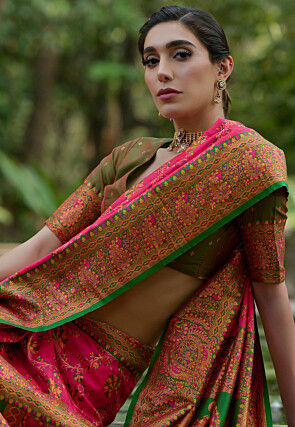 Woven Pashmina Silk Saree in Fuchsia