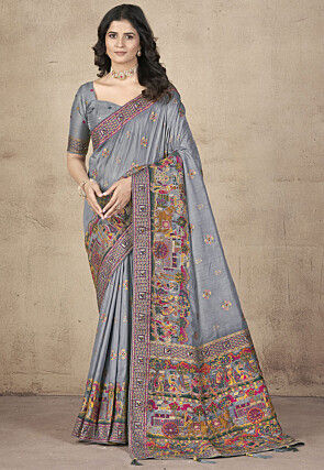 Woven Pashmina Silk Saree in Grey