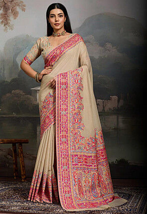 Woven Pashmina Silk Saree in Light Beige