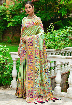 Woven Pashmina Silk Saree in Light Green