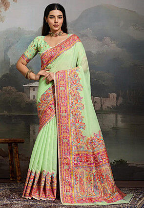 Woven Pashmina Silk Saree in Light Green