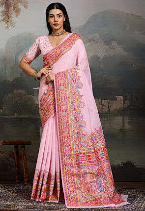 Woven Pashmina Silk Saree in Light Pink