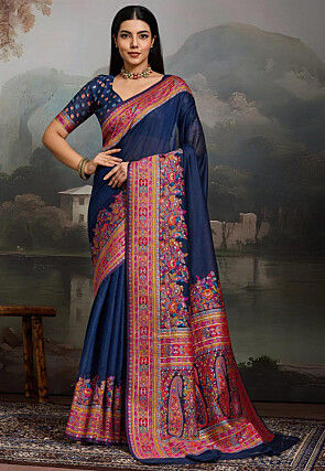 Woven Pashmina Silk Saree in Navy Blue