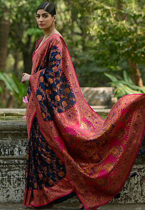 Woven Pashmina Silk Saree in Navy Blue