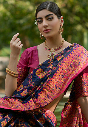 Woven Pashmina Silk Saree in Navy Blue
