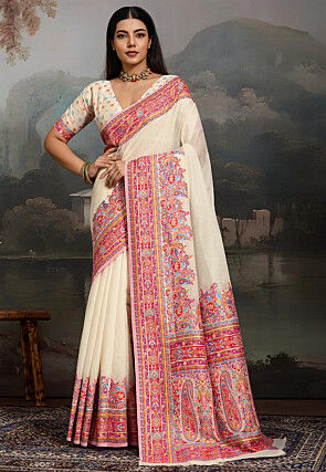 Woven Pashmina Silk Saree in Off White