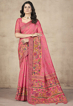 Woven Pashmina Silk Saree in Peach