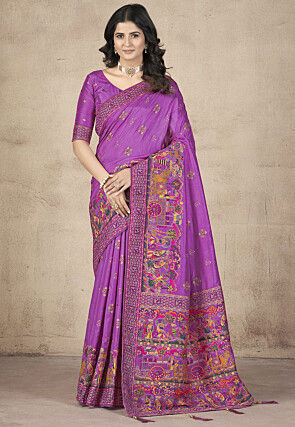 Woven Pashmina Silk Saree in Purple