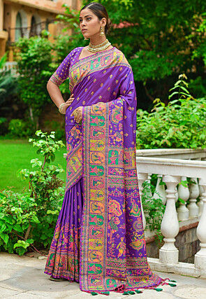 Woven Pashmina Silk Saree in Purple