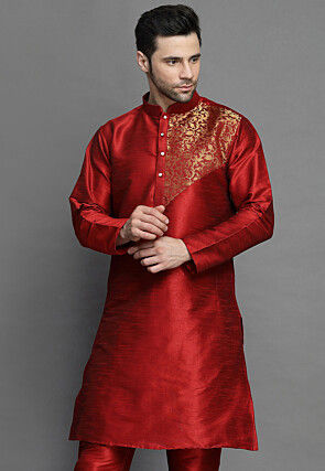 Woven Patch Art Silk Kurta in Maroon