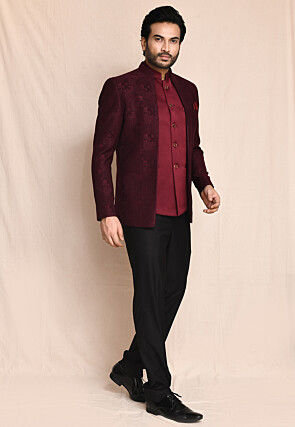 Woven Polyester Bandhgala in Maroon