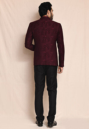 Woven Polyester Bandhgala in Maroon