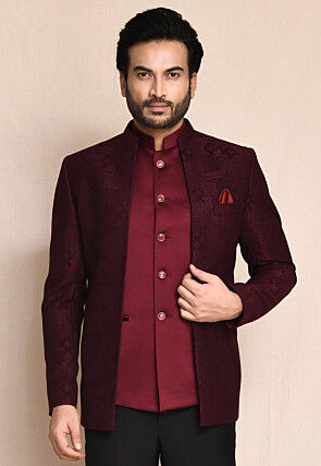 Woven Polyester Bandhgala in Maroon
