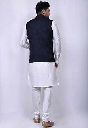 Woven Polyester Jacquard Nehru Jacket in Navy Blue