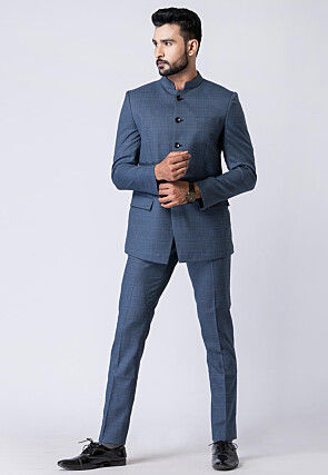 Woven Polyester Jodhpuri Suit in Dusty Blue