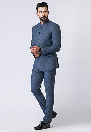 Woven Polyester Jodhpuri Suit in Dusty Blue