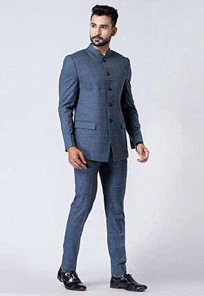 Woven Polyester Jodhpuri Suit in Dusty Blue